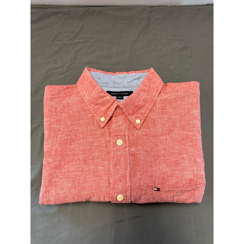 Tommy Hilfiger Mens Linen Cotton Short Sleeve Button Down Shirt Red Size M